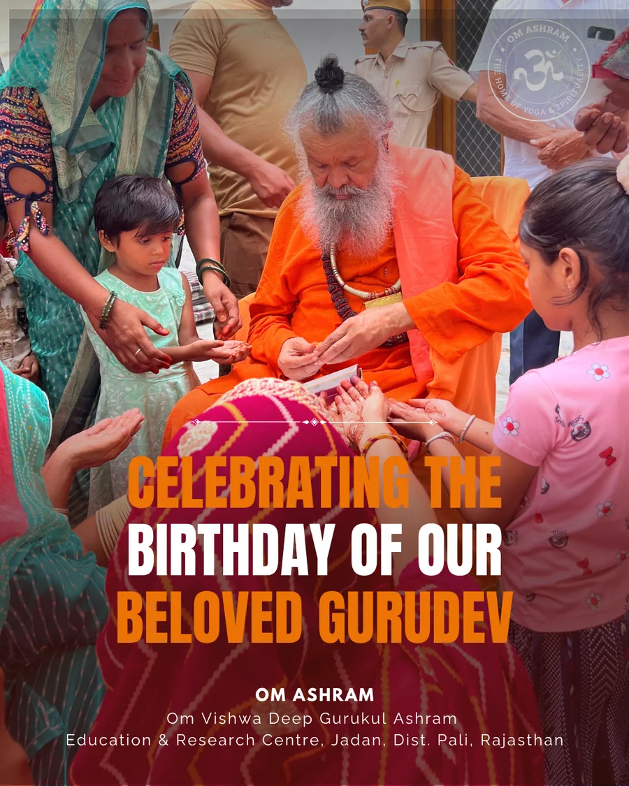 Gurudev distributing sweets to happy children.